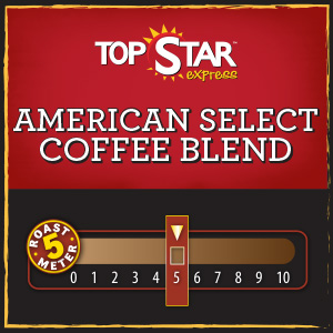 <strong>American Select Coffee Blend</strong><br />
A premium blend of Central and South American beans, this dark roast, full bodied coffee has an intense flavor with muted chocolate and caramel notes.