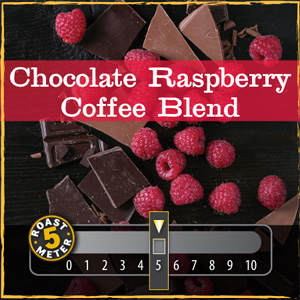 <strong>Chocolate Raspberry Coffee Blend</strong><br />
Dark European chocolate and the accent of fresh, ripe raspberries with a hint of sweetness.